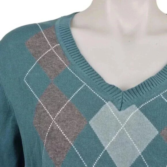 Van Heusen  Argyle Diamond Sweater V-Neck Long Sleeve Cotton Size Medium - Picture 2 of 8